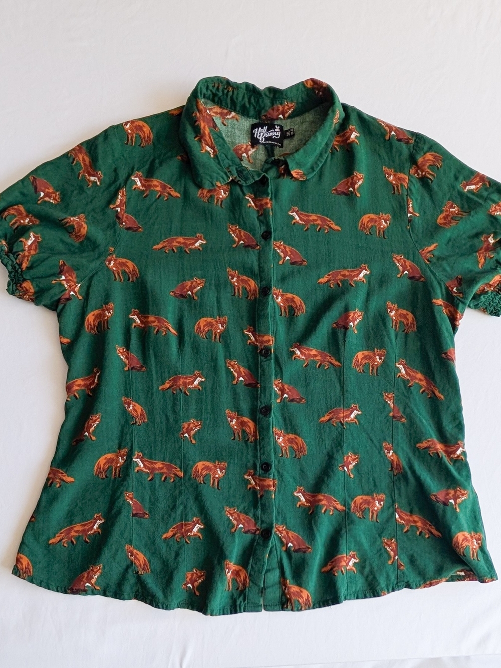 Hell Bunny Short Sleeve Fox Print Blouse Dark Green Pin Up Rockabilly Retro 3x